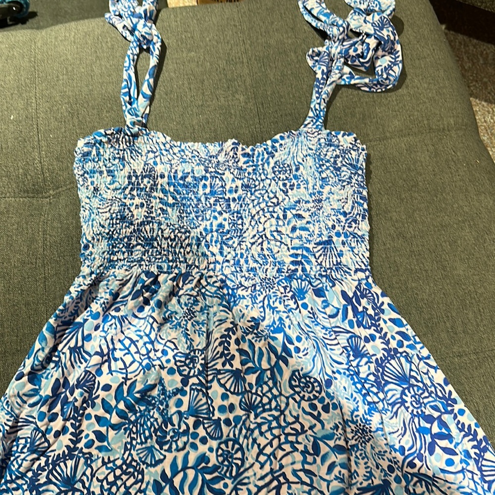 Lilly Pulitzer Kailua Pink Peony & Blue Seashell smocked mini dress